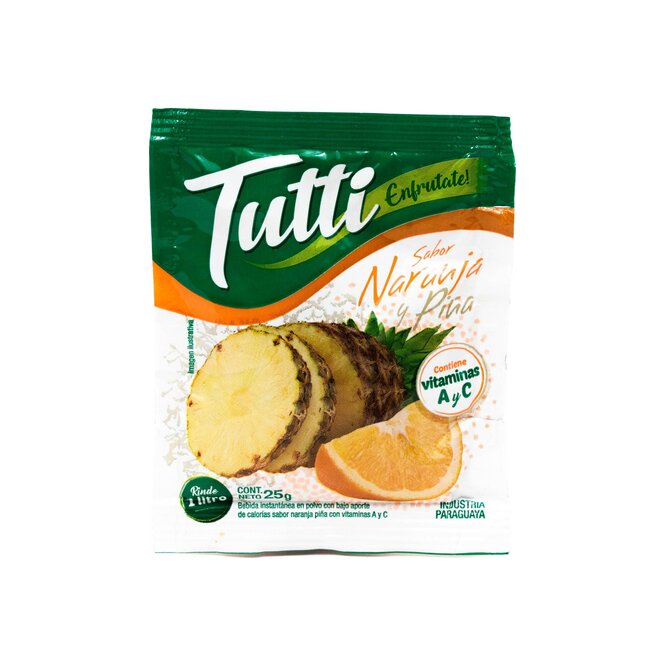 Jugo sabor naranja piña en polvo paquete Tutti 25 gramos
