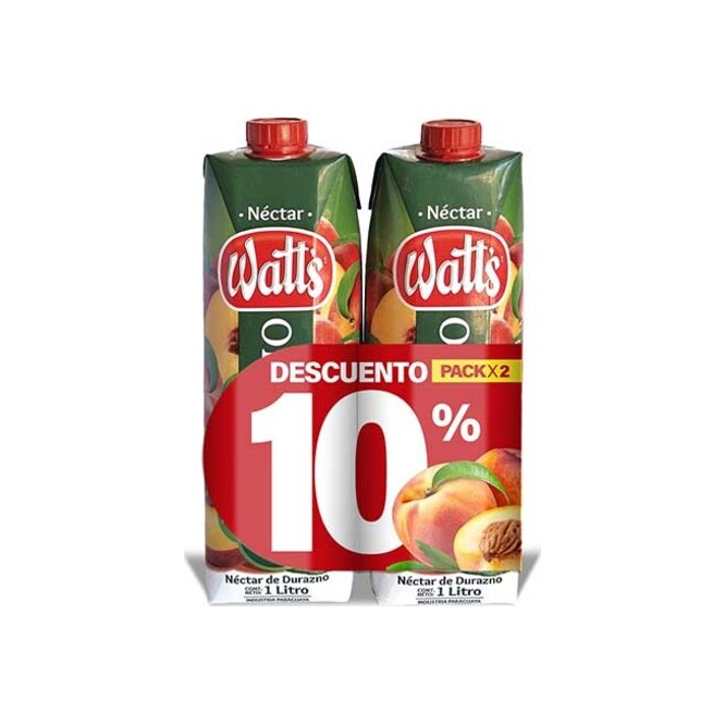 Jugo sabor durazno tetra pack 2 unidades Watts 1 litro