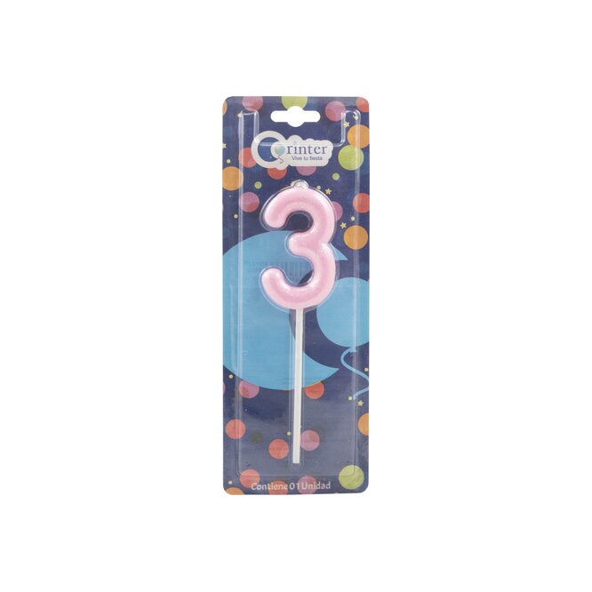 Vela para cumpleaños Nro 3 color rosa en paquete Corinter 1 unidad