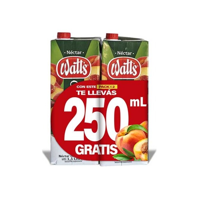Jugo sabor durazno tetra pack 2 unidades Watts 1,5 litros