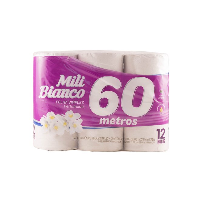 Papel higiénico blanco perfumado paquete 60 metros Mili 12 unidades