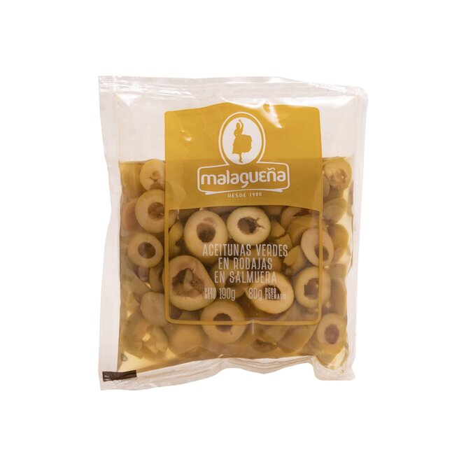 Aceitunas Verdes en Rodajas en Sal Muera doy pack Malagueña 190 gramos