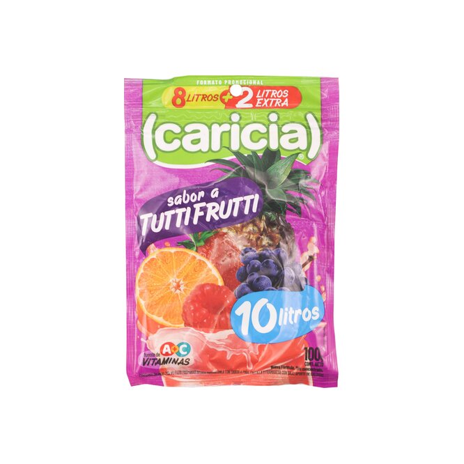 Jugo en polvo sabor Tutti Frutti para 10 litros en sobre Caricia 100 gramos
