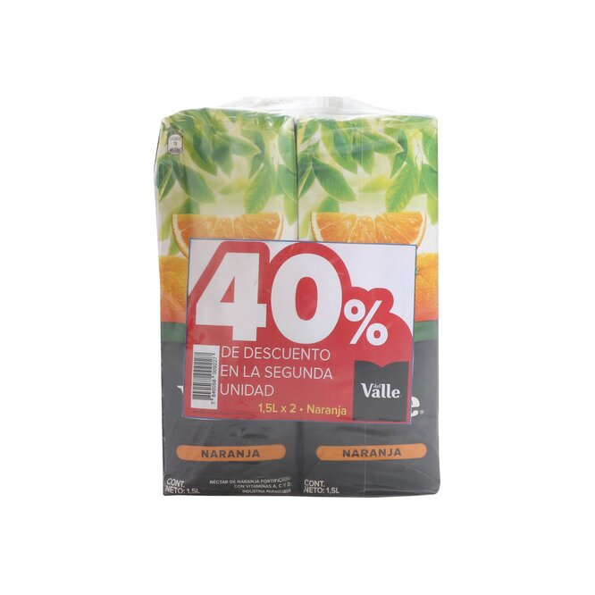 Jugo sabor naranja tetra pack 2 unidades Del valle 1,5 litros
