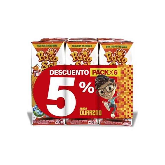 Jugo sabor durazno tetra pack 6 unidades Purosol 200 ml