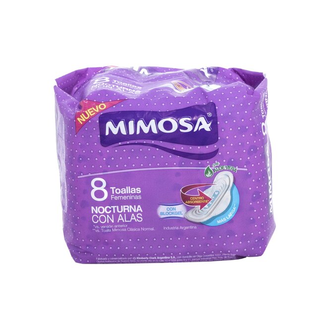 Toallas femeninas nocturna con aloe vera con alas mimosa 8 unidades