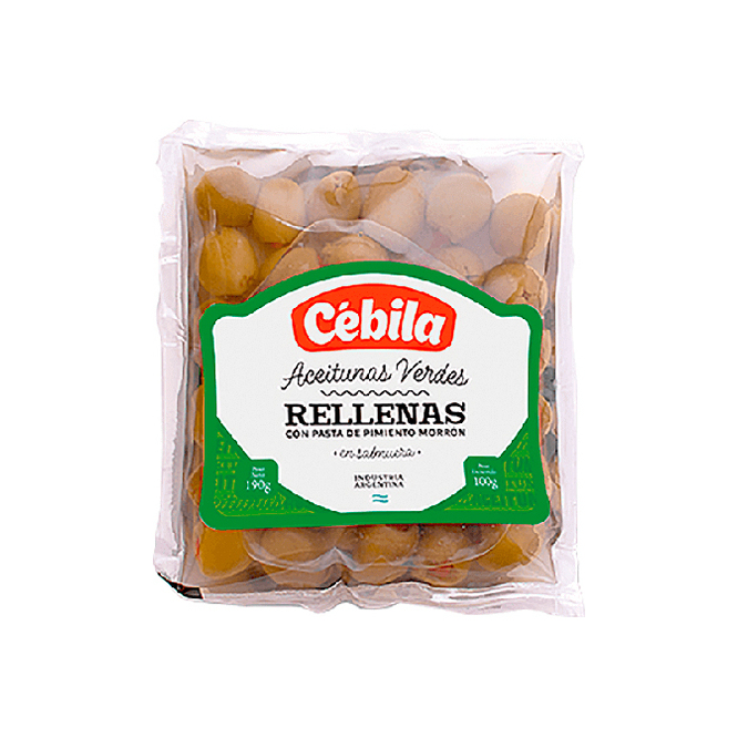 Aceituna Verde rellena con morrón en frasco Cebila 190 gramos
