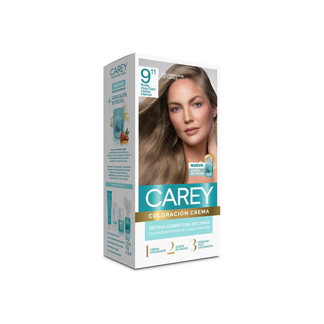 Tintura capilar rubio muy claro ceniza intenso N° 9,11 caja Carey 60 gramos