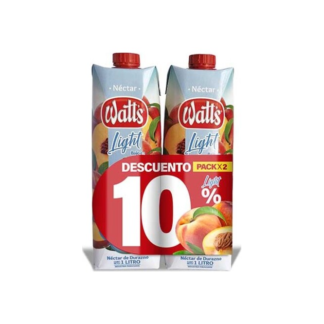 Jugo sabor durazno light tetra pack 2 unidades Watts 1 litro