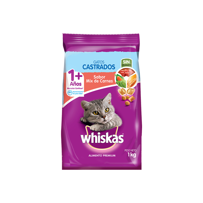Alimento para gatos castrados sabor mix de carnes Whiskas 1 kilo