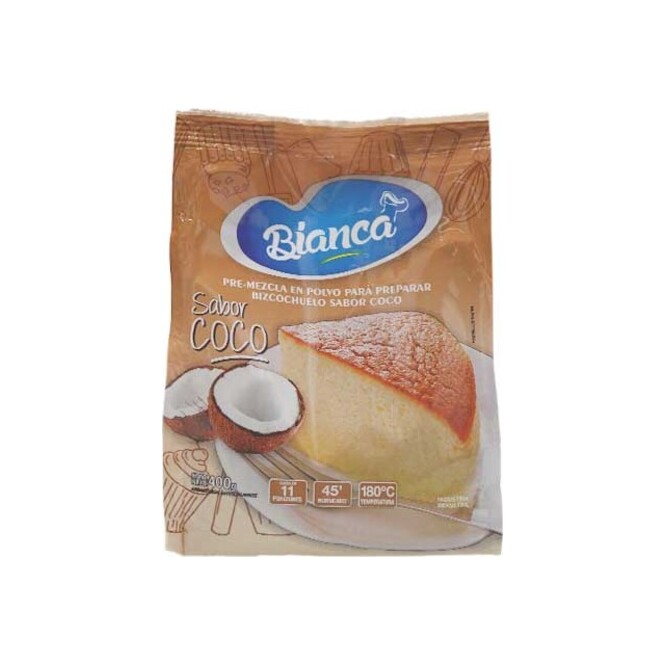 Polvo para bizcochuelo sabor coco paquete Bianca 400 gramos