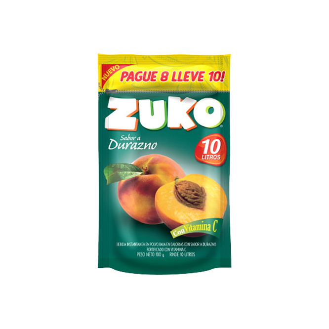 Jugo en polvo sabor durazno para 10 liros en sobre Zuko 100 gramos
