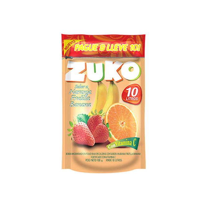 Jugo en polvo sabor naranja/frutilla/banana para 10 litros en polvo Zuko 100 gramos