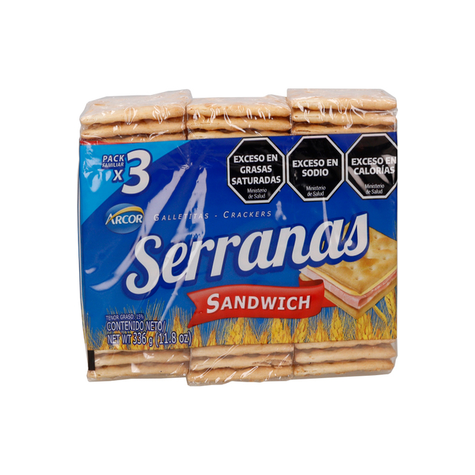 Galletita crackers pack de 3 unidades Serranas 334 gramos