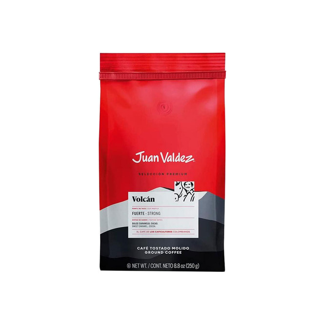 Café tostado molido volcán dulce caramelo con cacao Juan Valdez 250 gramos