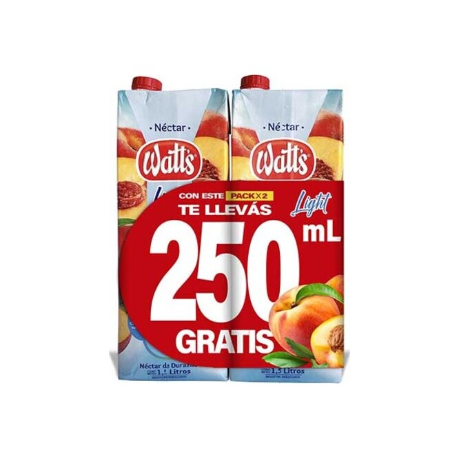 Jugo sabor durazno light tetra pack 2 unidades Watts 1,5 litros
