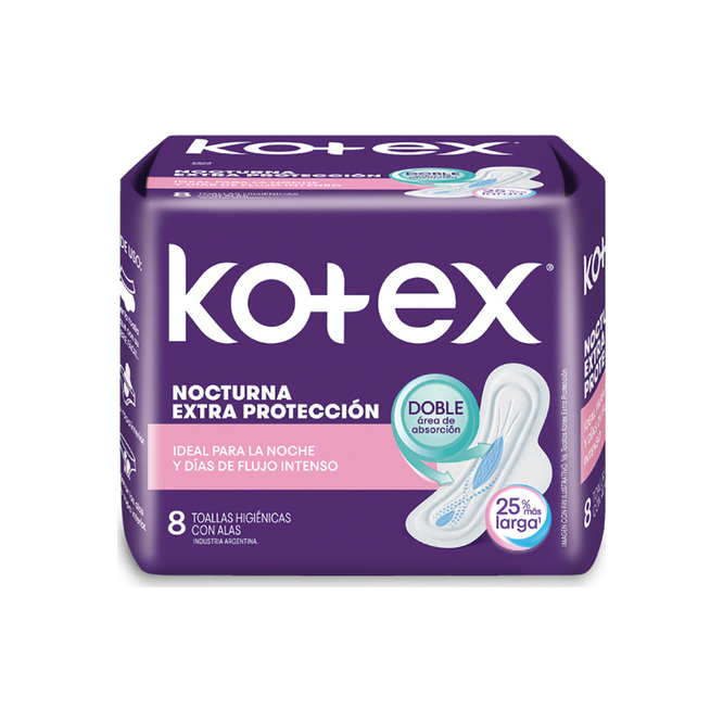 Toalla Femenina Nocturna con Alas Extra Suave Kotex 8 unidades