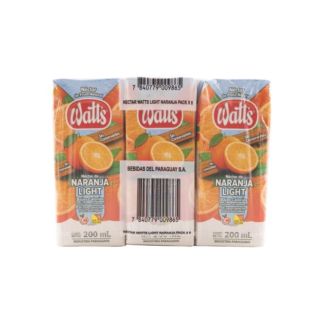 Jugo de naranja light pack 6 unidades Watts 200 ml