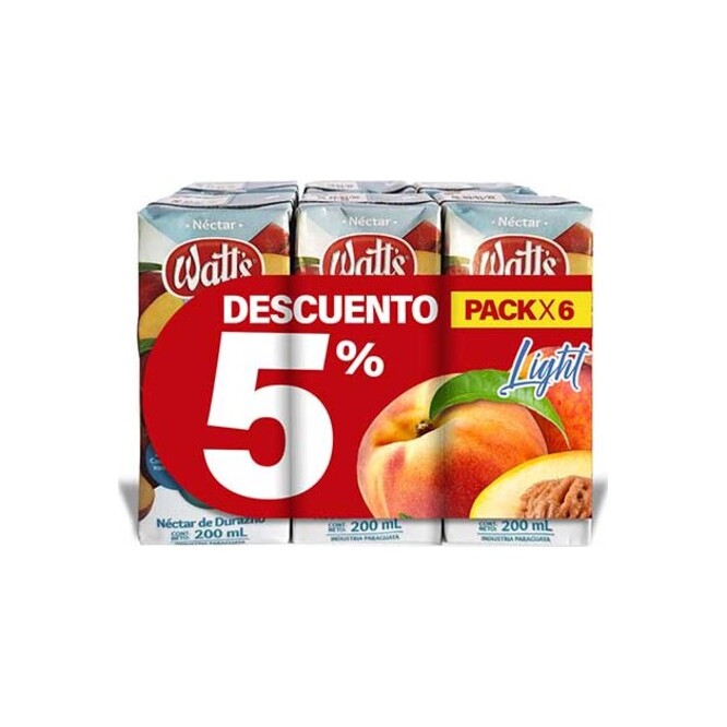 Jugo sabor durazno light tetra pack 6 unidades Watts 200 ml
