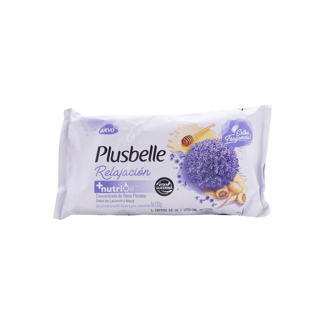 Jabón de tocador relajación miel de lavanda y maca pack de 3 unidades Plusbelle 120 gramos