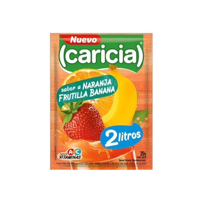 Jugo en polvo sabor naranja frutilla banana rinde 2 litros Caricia 20 gramos