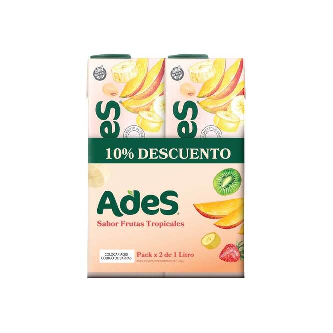 Jugo de soja Sabor frutos tropicales pack de 2 unidades tetra Ades 1 litro