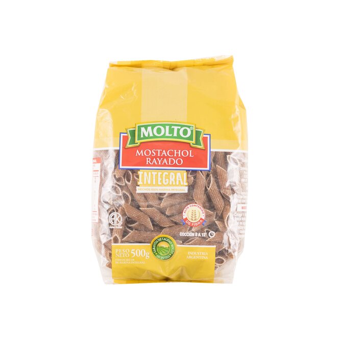 Fideos integral mostachol rayado en paquete Molto 500 gramos