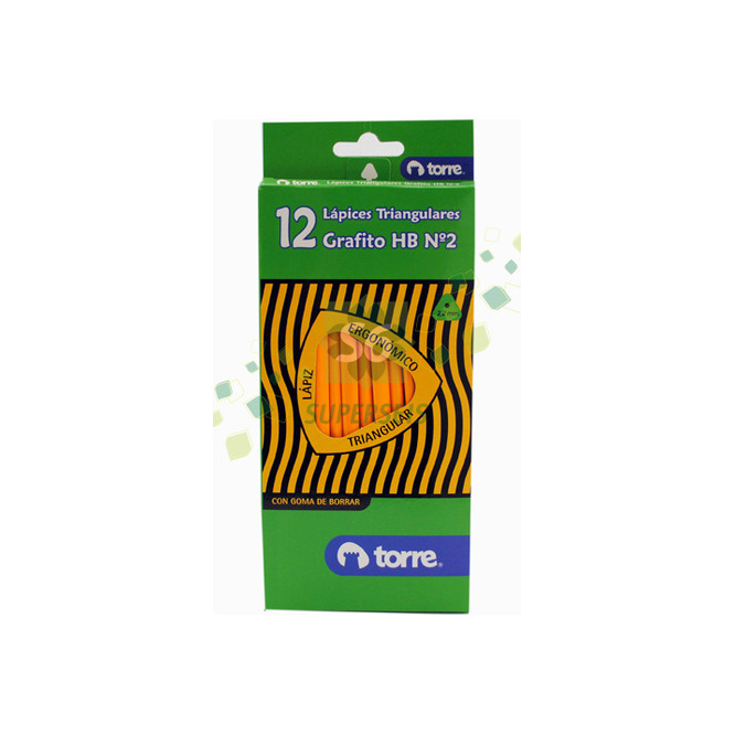 Lápiz de papel grafito triangular con goma en caja Torre 12 unidades