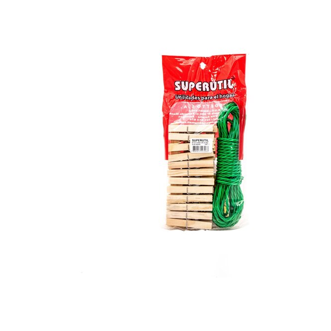 Pack de 1 cuerda 15 cm y 24 pinzas de madera en paquete Superútil