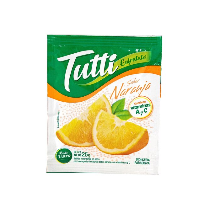 Jugo sabor naranja en polvo paquete Tutti 25 gramos