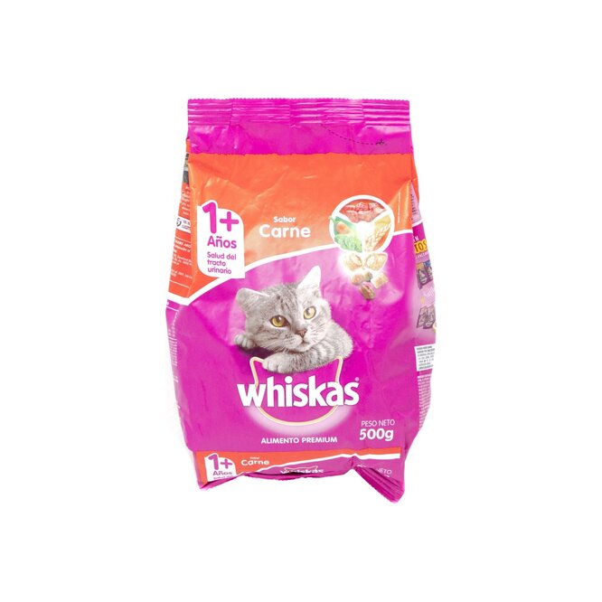 Alimento para gato sabor carne en bolsa Whiskas 500 gramos