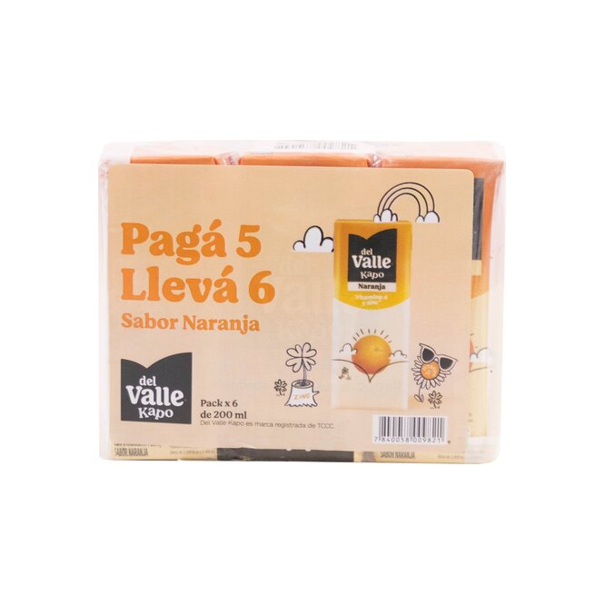 Jugo sabor naranja pack 6 unidades kapo Del Valle 200 ml
