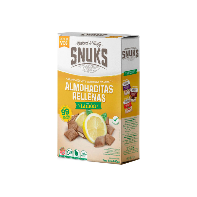 Snacks sin gluten almohaditas con limón en caja Snuks 240 gramos